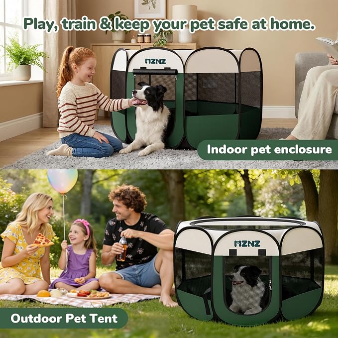 Dog Cat Small Animal Puppy Playpen Crate, Large, Dark Green | Portable Pop Up Pet Cage Enclosure Tent Kennel Indoor Outdoor with Carrying Case, No Assembly, Camping Use