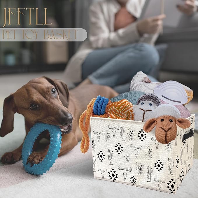 Western Storage Bins with Handles, Western Room Decor, Southwest Country Aztec Cactus Bull Skull Collapsible Laundry Basket Storage Box for Home Bedroom Bathroom Clothes Toys Books
