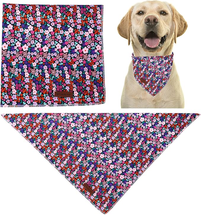 Floral Dog Bandana, UP URARA PUP Flowers Triangle Bid Scarf for Medium Large Dogs, Cotton Kerchief for Girl Boy Puppies, Cute Spring Blossom Bandana,S