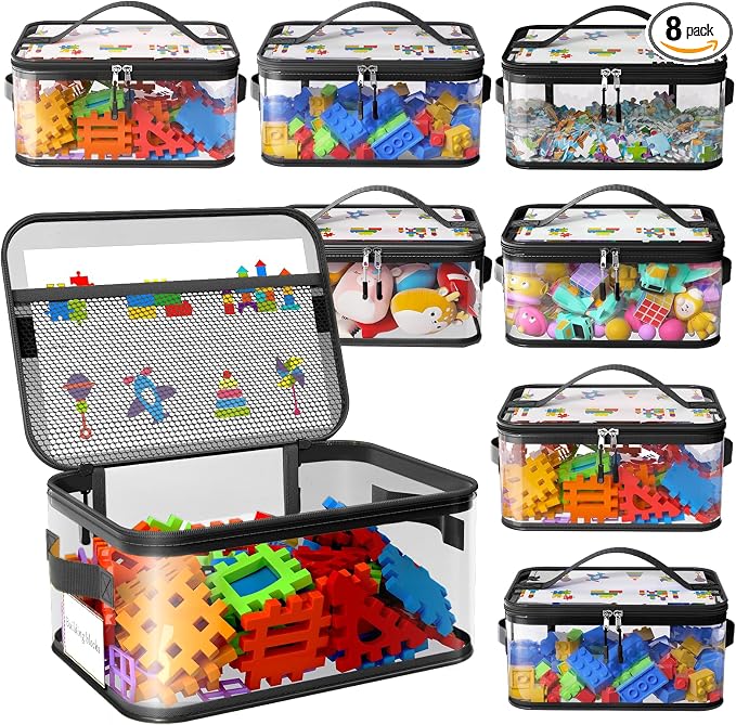 8 Packs Large Clear Toy Storage Bags with Labels, Handles, Zippers L | Large Capacity, Transparent PVC, Waterproof Dustproof, Space-saving, Portability for Building Blocks, Puzzle, Dolls, Travel