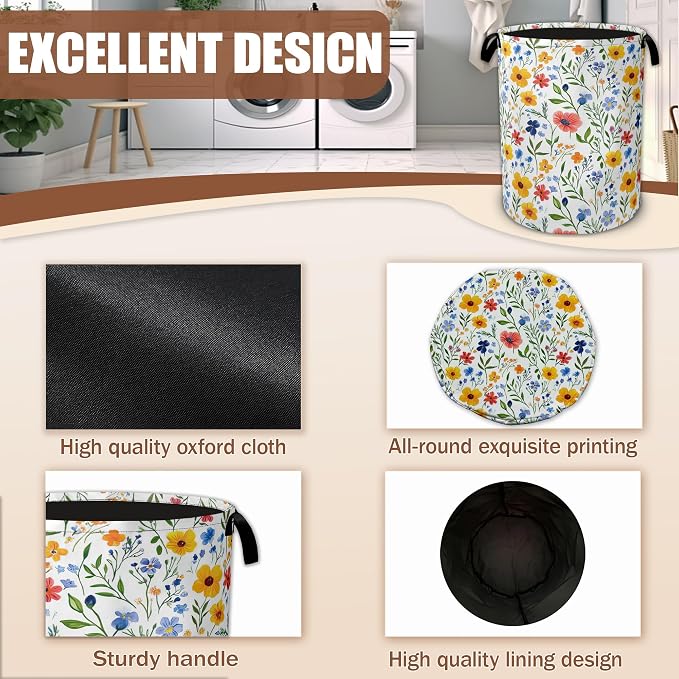 Laundry Basket Colorful Wildflower Collapsible Laundry Baskets Waterproof Oxford Cloth With Handles,Laundry Hamper Clothes Storage Bucket Toy Organizer for Bathroom/Nursery/Bedroom 16" x 20.8"