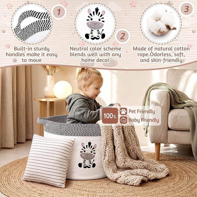 LemonRoad Extra Large Basket 20"x14", Woven Basket for Laundry Blanket Toy Box with Handle Storage, Blanket Storage for Living Room Nursery Pillows Chest(Cotton Rope,Zebra,Brown White)