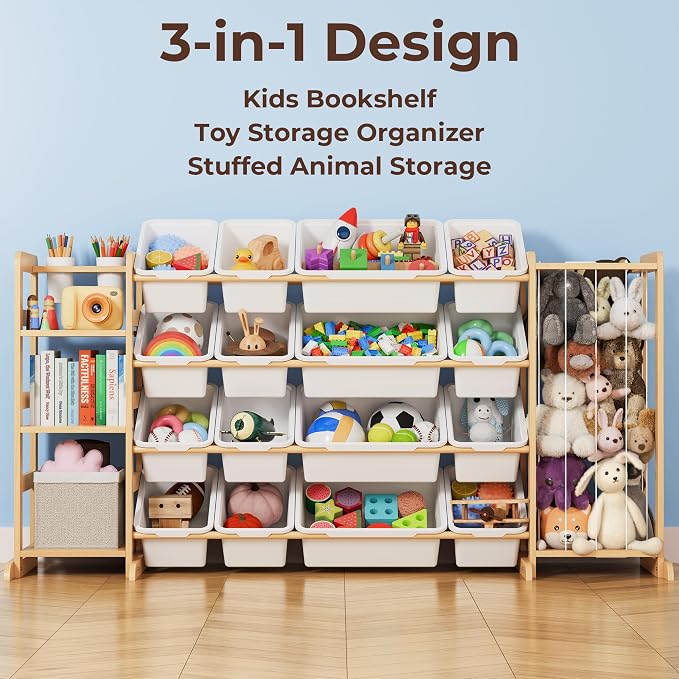 Toy Storage Organizer with Bookshelf and Stuffed Animal Storage - Playroom Organization with Shelves and 12 Bins - Living Room Box for Lego - Bedroom Decor Essential