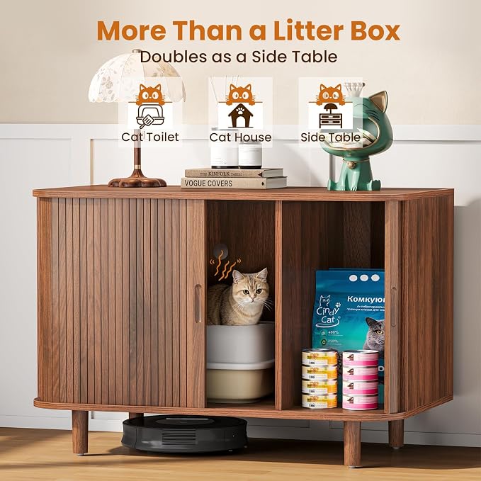 Snughome Cat Litter Box Enclosure, 35.4'' Hidden Litter Box Furniture with Sliding Door, Modern Hidden Litter Box Cabinet, Wooden Indoor Cat House, TV Stand, Side End Table for Living Room, Walnut