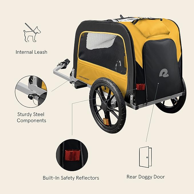 Retrospec Rover Waggin' Pet and Dog Bike Trailer with Weather-Resistant Canopy & Mesh Shield - Foldable Frame, 16in Wheels with Storage Pouch & Internal Safety Leash Supports up to 50 lbs