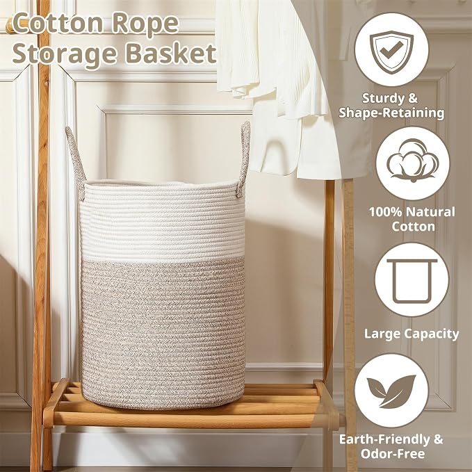 60L Large Woven Laundry Basket Hamper, 100% Natural Cotton Rope, Handwoven & Durable, Storage for Blankets, Toys, Clothes, Nursery Hamper for Living Room, Baby Room, Bedroom (Brown and White)