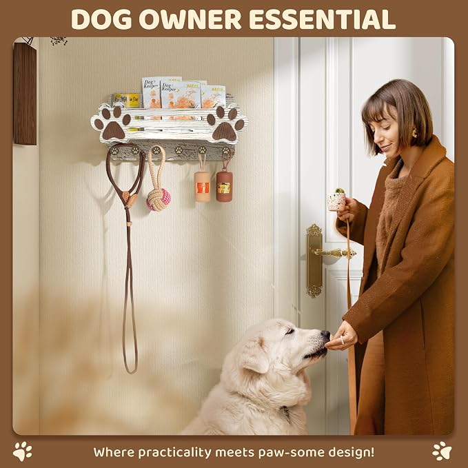 MTERSN Dog Leash Holder for Wall with Wall Shelf for Dog Lover, White | 3D Paw-print Design, Mail Holder for Wall with 6 Hooks for Dog Leash & Sunglasses, Put Dog Food Container, Rustic Home Decor