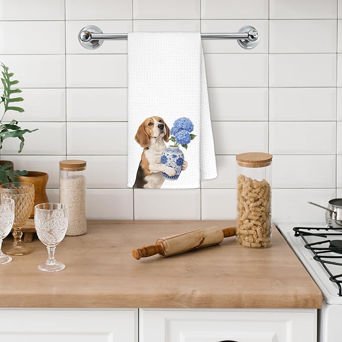 Blue Hydrangea Beagle Kitchen Towels, Beagle Lovers Gifts Dish Tea Towels for Kitchen Decor, Chinoiserie Porcelain Floral Dog Decorative Hand Towel Bathroom Decor, 16x24 Inch