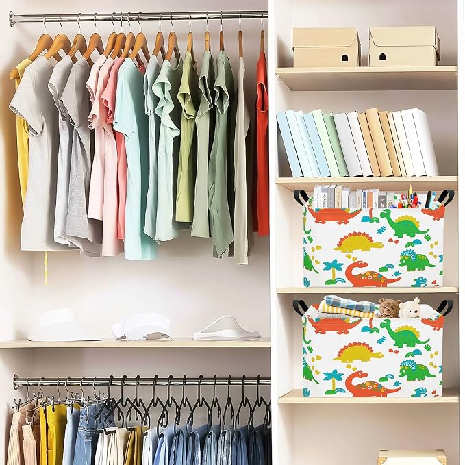 Rectangular Dinosaur Laundry Storage Bin for Adults and Kids | Damp resistant canvas fabric, sturdy stitched carry handles, foldable design organizes closet and playroom daily supplies