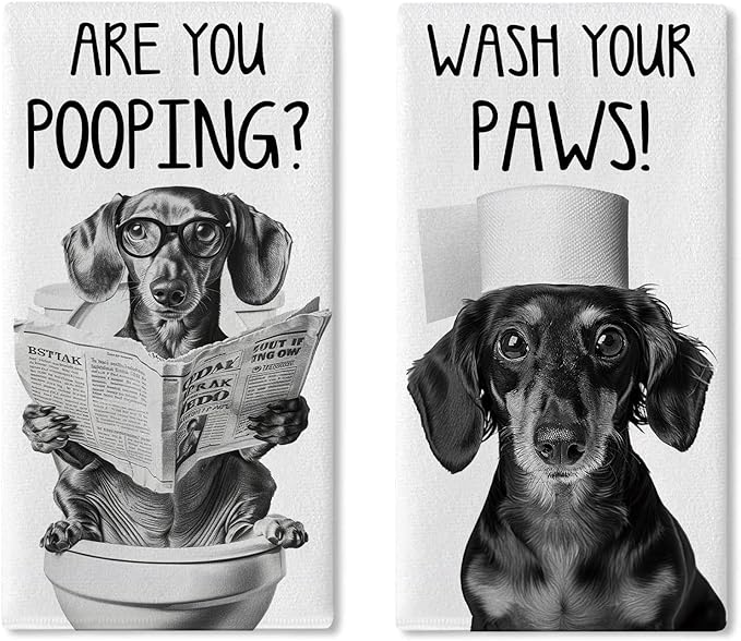 Funny Dachshund Dog Bathroom Kitchen Dish Towels Set of 2, are You Pooping Toilet Drying Hand Towel Baking Cooking Cloth, Wash Your Paws Hands Washroom Restroom Home Decoration 18'' x 26''