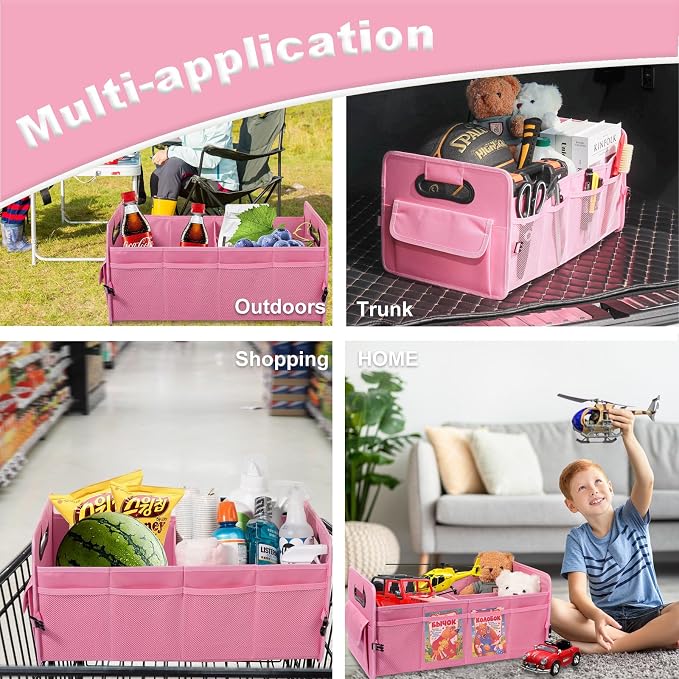 Car Trunk Organizer, Collapsible Car Organizers and Storage Large Pink | Sturdy, Strong Capacity, Clean Decor, Multi Compartment Container Box, Adjustable Car Accessories for SUV Sedan Truck