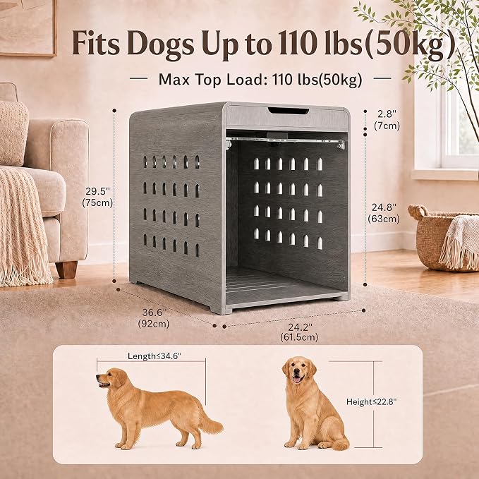 Modern Dog Crate Furniture Wooden Kennel Charging Station End Table Grey | Nightstand, Dog Cage Indoor, up to 110 lb, Flip-Up Acrylic Door, Storage Drawer, for Large Medium Dogs, Living Room Bedroom