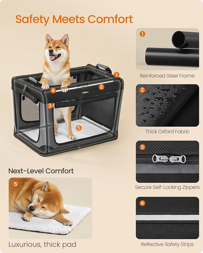Feandrea Collapsible Dog Crate, Portable Travel Crate, 30-Inch | Oxford Fabric Pet Carrier with 4 Mesh Doors, Handles, Storage Pocket, Water Bottle Holder, UPDC017B01
