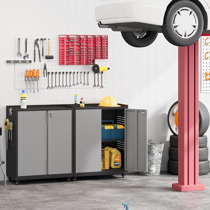34''H Garage Storage Cabinet, Meatl Storage Cabinet with Lock | Tool Storage Cabinet, Steel Tool Cabinet with Doors and Shelves for Garage, Warehouse, Assembly Required, Gray