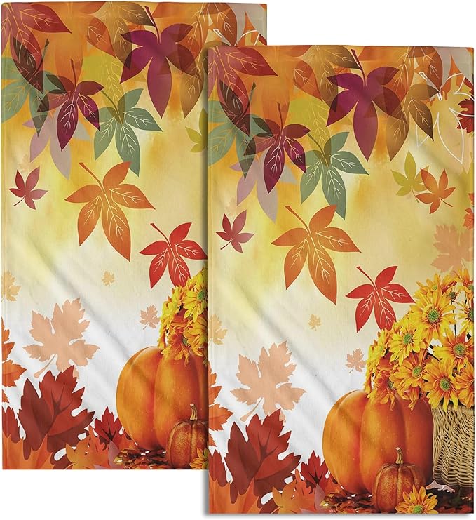 Giwawa Fall Pumpkin Towels 15x30 Set of 2, Autumn Maple Leaves Yellow Sunflowers Hand Towel, Seasonal Farmhouse Thanksgiving Harvest Face Towel Washcloth for Bathroom Hotel Guest Log Cabin Decoration