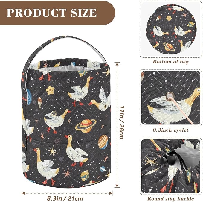 Fustylead Cute Geese in Space with Planets Stars Moon Knitting Yarn Storage Tote Basket, Durable Polyester Large Crochet Drawstring Bag for Crocheting Project, Sewing Supplies, Needles