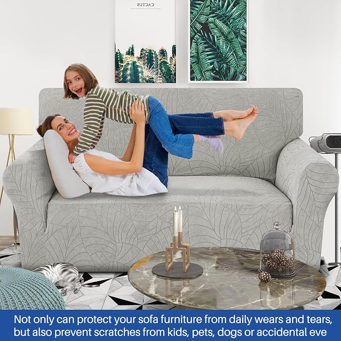 YEMYHOM Couch Cover Latest Jacquard Design High Stretch Sofa Covers for 2 Cushion Couch, Pet Dog Cat Proof Loveseat Slipcover Non Slip Elastic Furniture Protector (Medium, Begonia Leaf Light Grey)
