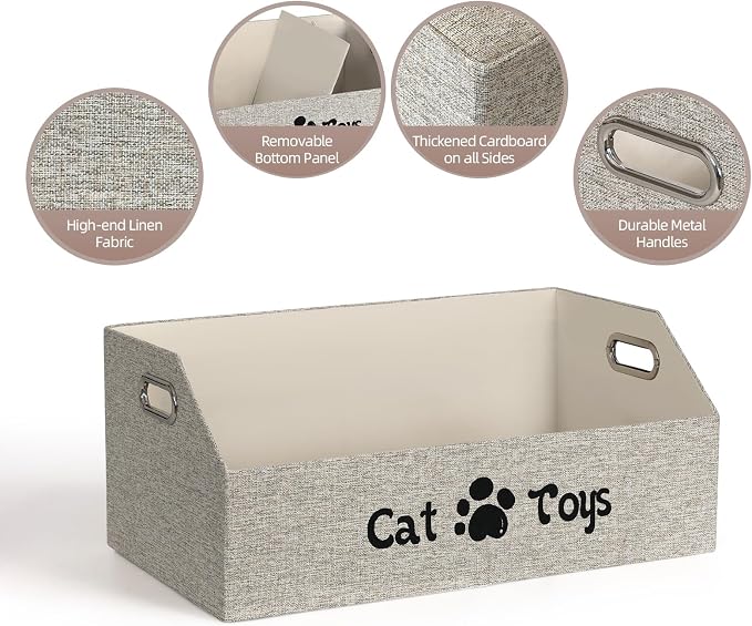 19.7 Inch Cat Toy & Supplies Storage Organizer with Metal Handles | Foldable Fabric Bin Kitten Pet Chest Trapezoid Container for Organizing Cats Clothes Accessories