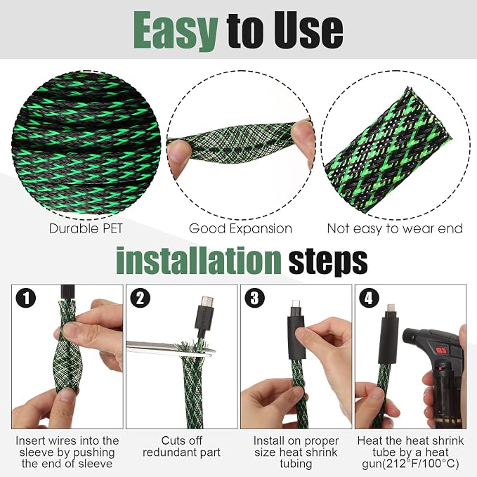 Tatuo 151 ft Braided Cable Sleeve Expandable Wire Sheathing(Green, Black) | with 120 Heat Shrink Tubing 1/4 in 2/5 in 1/2 in 3/4 in Wire Sleeve Cord Management for Television Audio Computer Video Pets