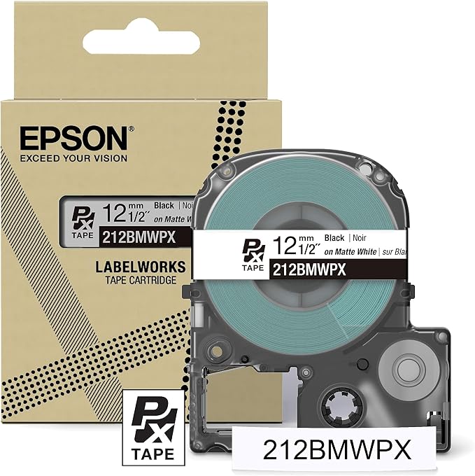 Epson LABELWORKS 212BMWPX Label Tape - Black on Matte White - 1/2" (12mm) | Genuine Epson designer craft PET tape for LW-C410PX & C610PX, decorative finish for crafts & decor