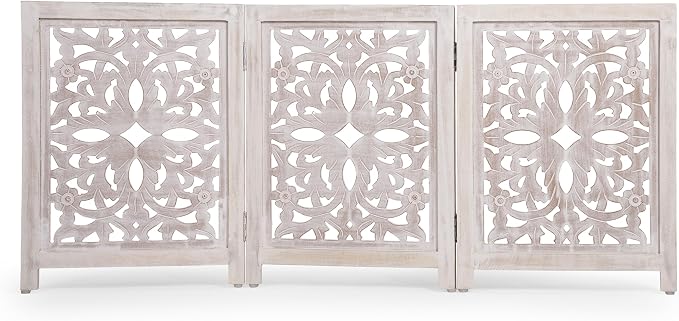 Lightnpro 3-Panel Carved Wooden Dog Gate – 54 Inch Foldable Freestanding Pet Barrier, White Wash Indoor Safety Fence for Small Dogs & Puppies – 24x18 Inch Panels
