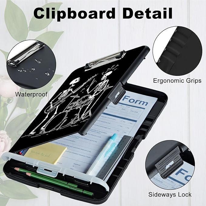 A4 Clipboard with Storage Pen Holder, Clipboards Organizer Nursing Clipboard Foldable File Folder Plastic Clipboard Folio Clip Board for Office Work Classroom Doctor, Guitar Skull