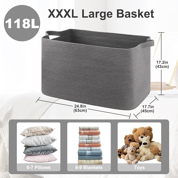 OIASKET 118L Extra Large Blanket Basket, 24.8" x 17.7" x 17.2" Woven Basket | Nursery Blanket Storage Living Room, Toy Storage with Handle, Large Storage Baskets for Organizing Toys, Dirty Clothes