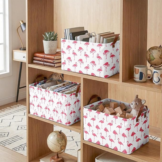 Britimes Flamingo Storage Baskets for Gifts, Toy Storage Bins Box, 3 Pcs | Summer Flamingo Canvas Collapsible Baskets Organizer with Handles Nursery Decor Laundry Basket for Shelves Closet
