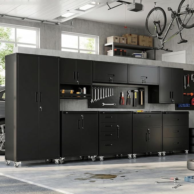 9-Piece Heavy Duty Steel Garage Cabinet System | All-in-One Modular Garage Cabinet Set for Ultimate Workshop Organization | Easy Assembly Garage Storage Cabinets & Tool Bench (Black)