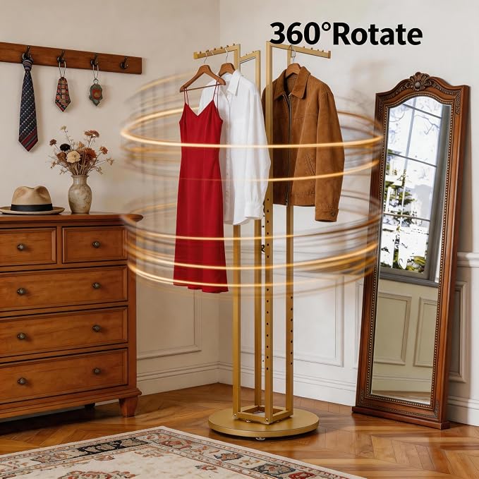 HKaikzo 360° Gold Rotating Coat Rack, Heavy Duty Metal Garment Rack Height-adjustable, Suitable for Both Adults and Children, Freestanding Clothing Rack for Hanging Clothes, for Bedroom, Retail Store