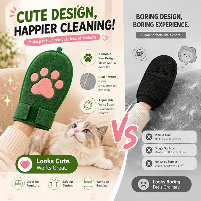 Paw Shape Pet Hair Remover Glove & Fur Storage Bag Set for Cats and Dogs (Green), Washable Pet Hair Remover, Soft Lint Cleaning Glove for Sofa Carpet Bed Clothes
