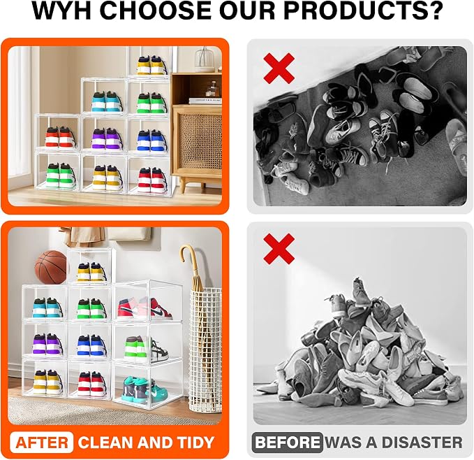 12 Pack Clear Acrylic Sneaker Boxes Fits Size 13, Drop Front Magnetic Door | Deep Narrow-front Boxes for Sneakers, Athletic Shoes, High-top Styles Shoes. Space Saving Storage.10.6 x 14.2 x 9.1 in