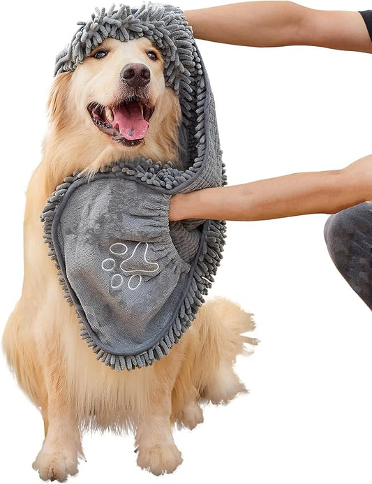 Microfiber Dog Bath Towel – Super Absorbent Dog Towels for Drying Dogs Large & Small, Quick Dry Pet Towel with Hand Pockets, Soft & Durable Puppy Towel, Machine Washable – Grey