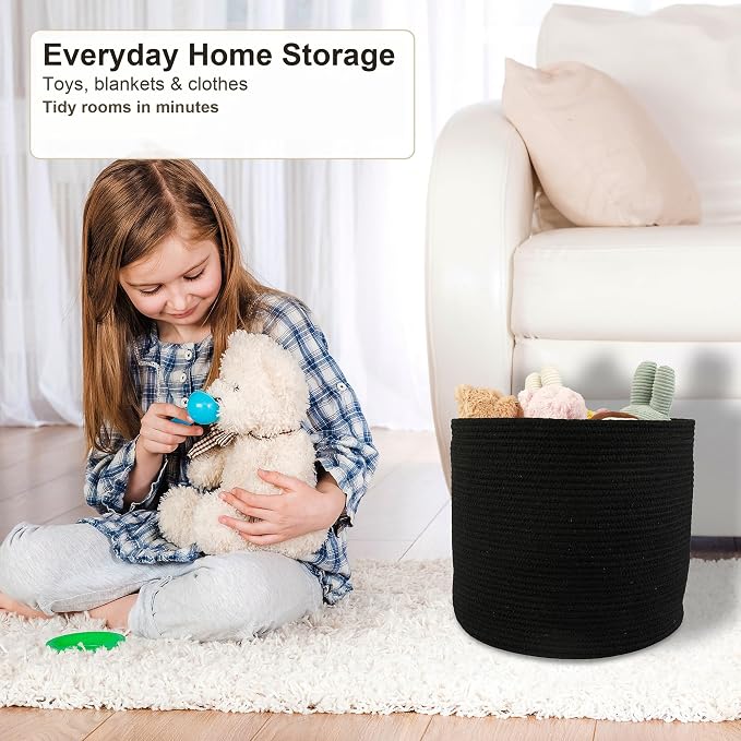 XUANGUO Cotton Rope Basket For Girls Boys Kids 16”X14” Black | Baby Laundry Baskets, Blanket Basket, Nursery Bin; Round Woven Basket Organizer for Toy Storage, Blankets, Shoes and Clothes