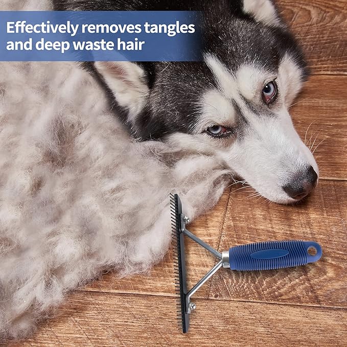 Undercoat Rake for Dogs, Long Tooth Grooming Rake + Stainless Steel Shedding Comb, Deshedding Brushes for Large Pet Horse Longhair Cat, German Shepherd Husky Brush