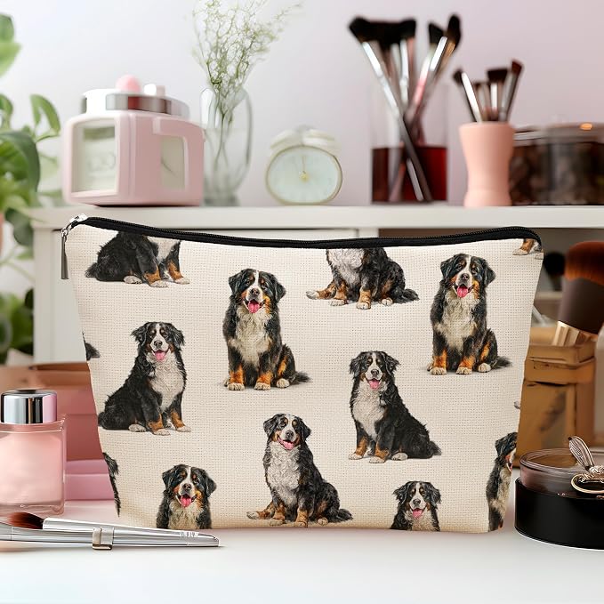 Bernese Mountain Dog Makeup Bag, Bernese Mountain Lovers Gifts Cosmetic Bag for Women, Dog Mom Lovers Owner Gifts for Women Christmas, Pet Lover Gift Zipper Travel Makeup Pouch for Purse