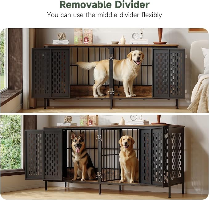 71” Double Dog Crate Furniture, Large Dog Kennel Furniture | 350 lb Weight Capacity, for 2 Dog, TV Stand, Removable Divider, Indoor Use, Heavy Duty Wooden Dog Cage