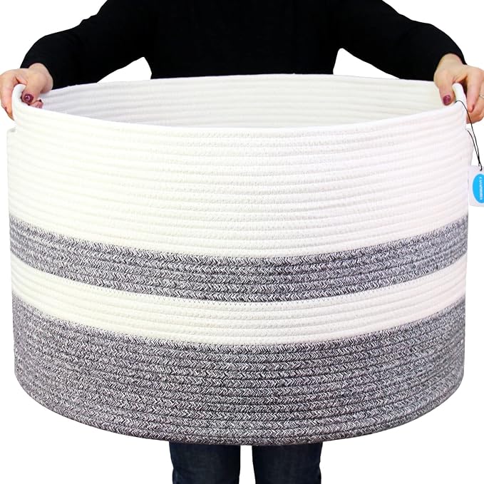 Casaphoria XXXLarge Cotton Rope Basket for Living Room - Woven Storage Basket with Handle for Blankets, Towels and Pillows Laundry Hamper | White and Grey (22" x 22" x 14")