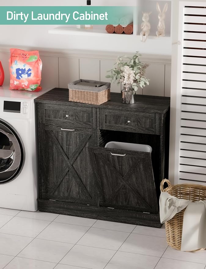 TOLEAD Double Tilt Out Trash Can Cabinet 2 x 10 Gallon Wooden Hidden Trash Cabinet with Barn Door & Solid Wood Top, Farmhouse Kitchen Garbage Bin Enclosure, Pet Proof Odor Blocking for Kitchen, Grey
