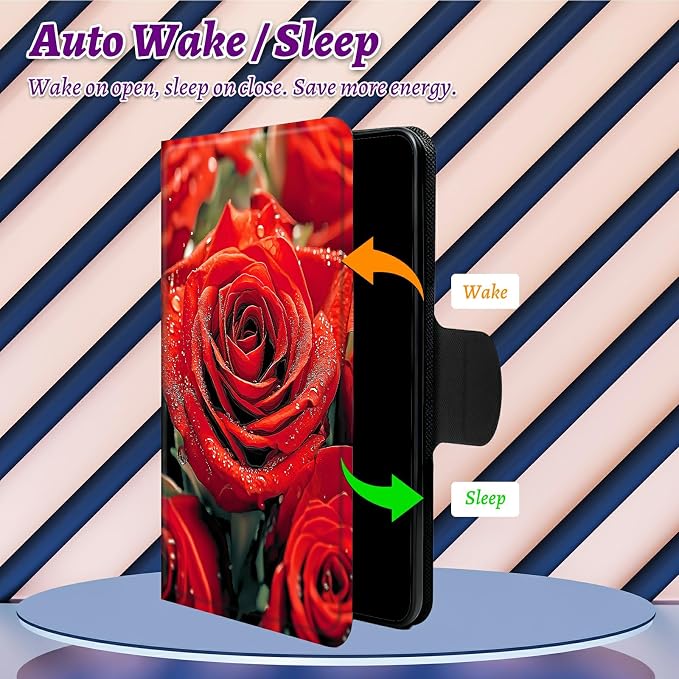 Rotating Handle Case for Samsung Galaxy Tab A11 2026/A9 2024 8.7 Inch, 360 Degree Swivel Kickstand with Magnetic Closure, Shockproof Leather Protective Cover for Women Men, Red Rose