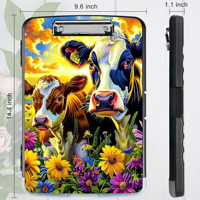 Purple Flower Cow A4 Clipboard with Storage Pen Holder, Clipboards Organizer Nursing Clipboard Foldable File Folder Plastic Clipboard Folio Clip Board for Office Students Classroom Doctor