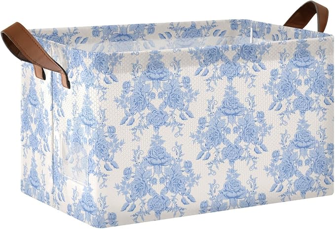 Blue Beige French FloralStorage Bins for Shelves with Labels&Handles Fabric Organizer Bin Foldable Rectangle Storage Basket Boxes for Closet, Bathroom, Home, Living Room