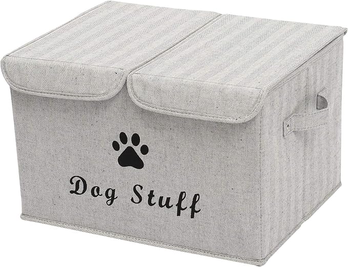 Large Storage Boxes - Large Linen Fabric Foldable Storage Cubes Bin Box Containers with Lid and Handles for Dog Apparel & Accessories, Dog Toys, (Striped Gray)