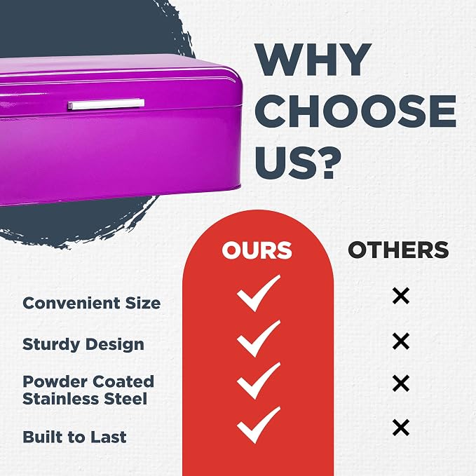 Culinary Couture Extra Large Purple Bread Box for Kitchen Countertop - Holds 2 Bread Loaves! - 16.5" x 9" x 6.5" - Stainless Steel Vintage Bread Boxes for Kitchen Counters - Bonus Recipe Ebook