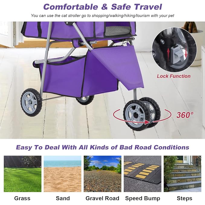 BLKMTY Dog Stroller, Folding Dog Stroller for Medium Dogs Cats, 3 Wheels Pet Cat Strollers Travel Carrier Strolling Cart for Puppy Jogger Strollers with Cup Holder & Storage Basket, Purple