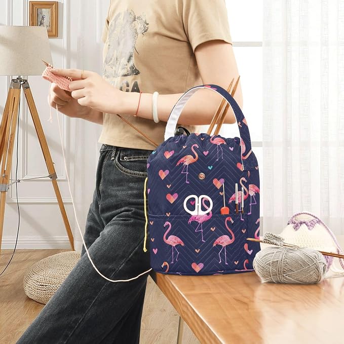 Fustylead Cute Pink Flamingo and Hearts Crochet Drawstring Organizer, Large Yarn Bag Storage Tote Basket for Crocheting On The Go, Kit Holder, Gift for Knitter, Crochet Beginner