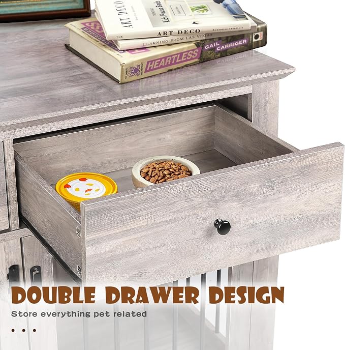 LEMBERI 44-inch Wooden Dog Crate with 2 Storage Drawers, End Table, Grey | Indoor wooden dog kennel with decorative finish. Also use as pet cage, dog house, or side table. Sturdy for large breeds