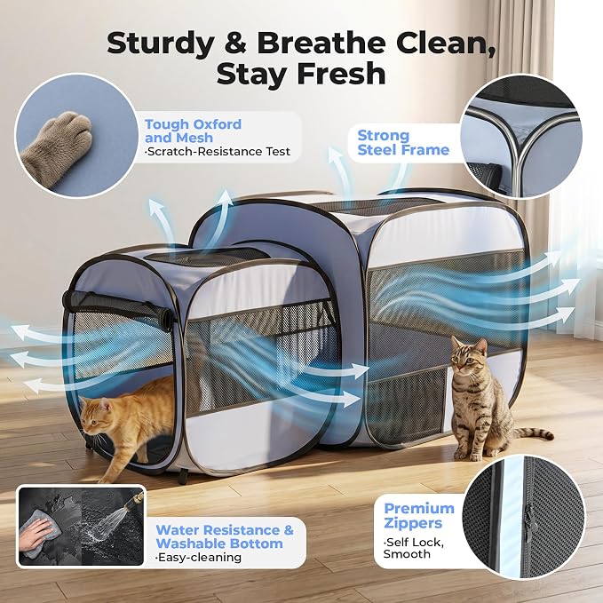 2-in-1 Dog Playpen, Portable Cat Playpen, No Assembly Need | Pop Up Puppy Pet Play Pen Tent Indoor Outdoor Enclosed, Large Kitten Crate Cage Kennel, Small Animals Kitty Condo House