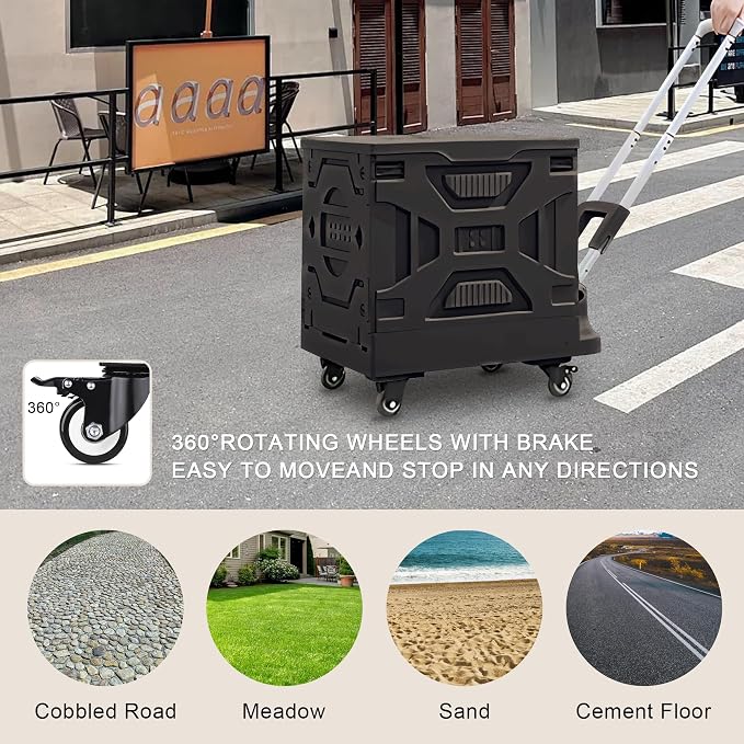 VECELO 66LHeavy-Duty 2-in-1 Foldable Utility Cart, Large Capacity Rolling Crate, Thickened Material with Silent Swivel Wheels, Dual Modes (Basket/Flatbed) for Grocery, Laundry, Camping, Black
