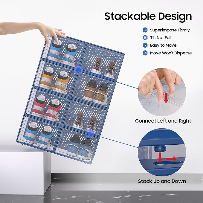 Large Shoe Organizer Storage Box with Magnetic Door,12 Pack Clear Plastic Stackable Sneaker Containers for Closet, Connect Left and Right Shoe Box for Entryway, Drop Front, Under Bed (Blue)